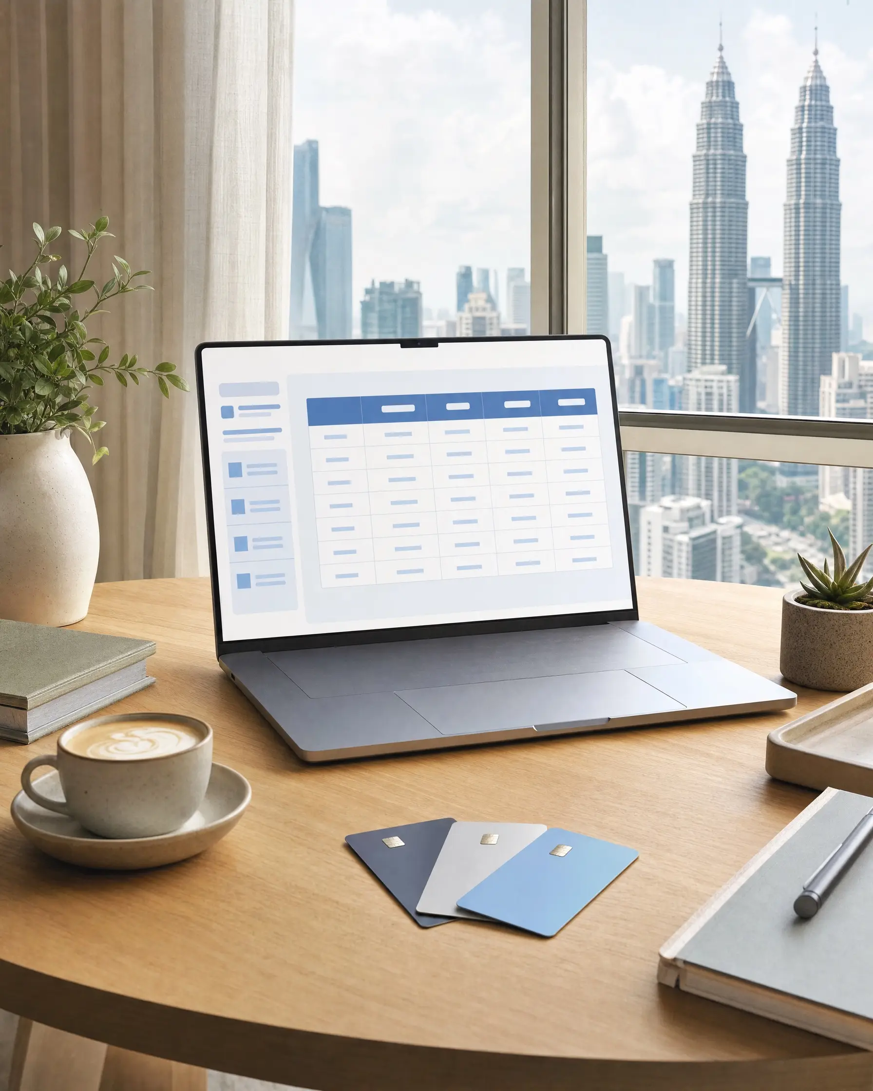 A home desk with a laptop showing a comparison table and three plain bank cards