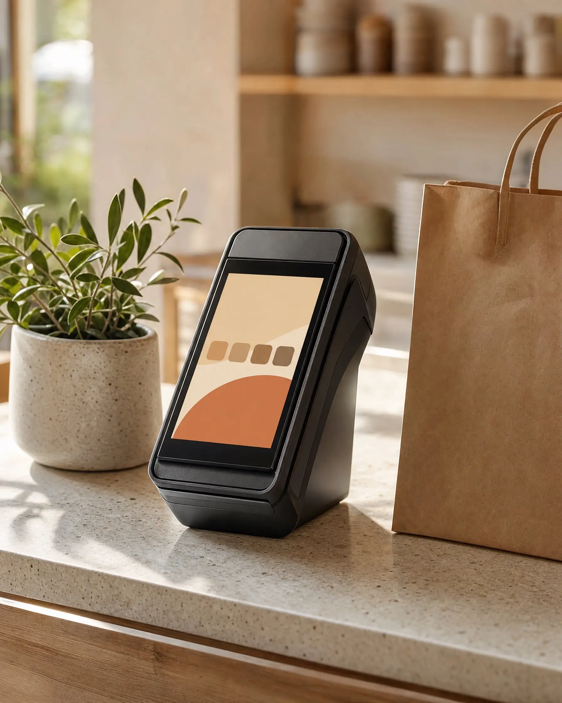 A card payment terminal on a cafe counter beside a plant