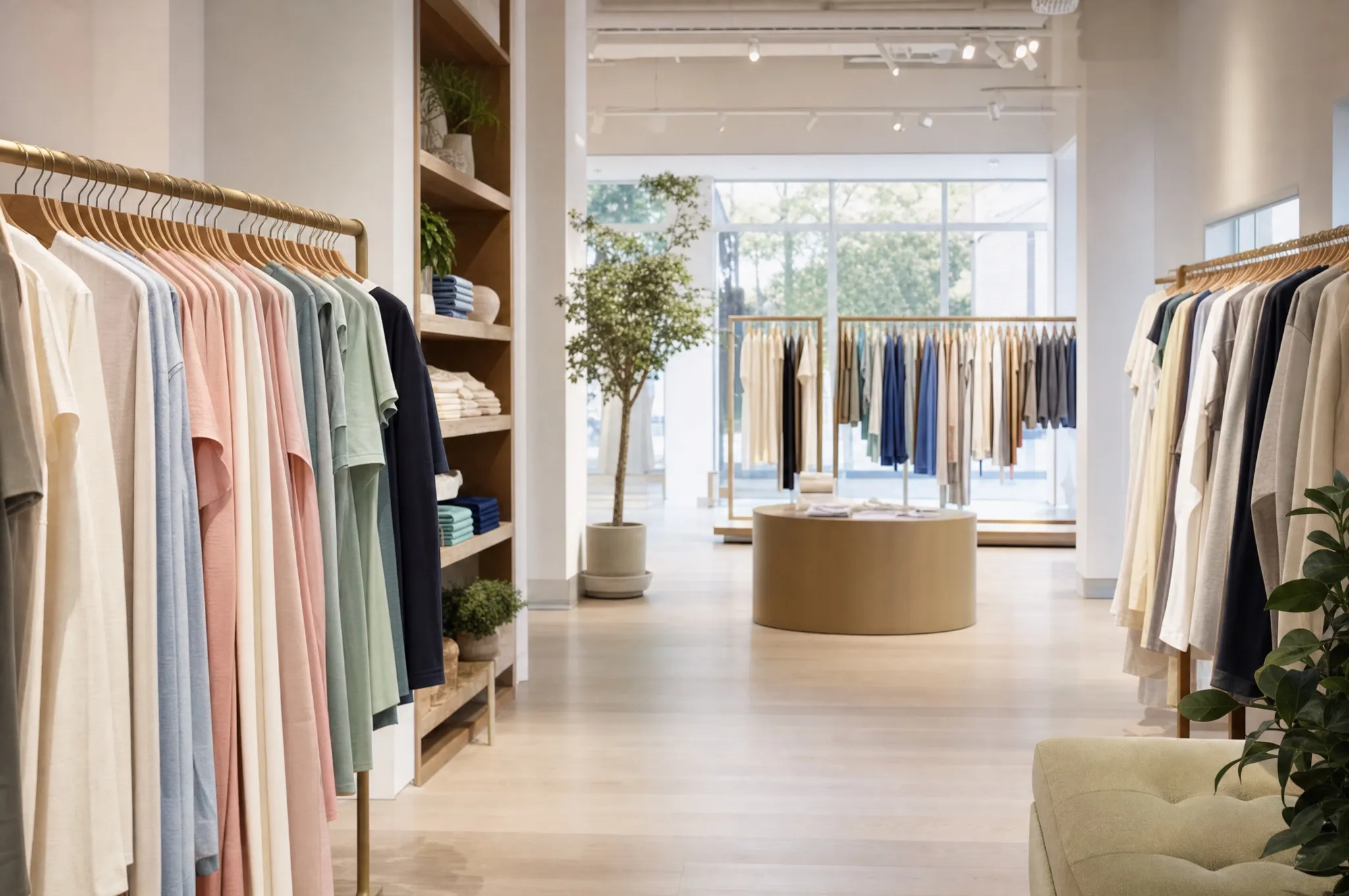 A bright fashion store with rails of plain garments