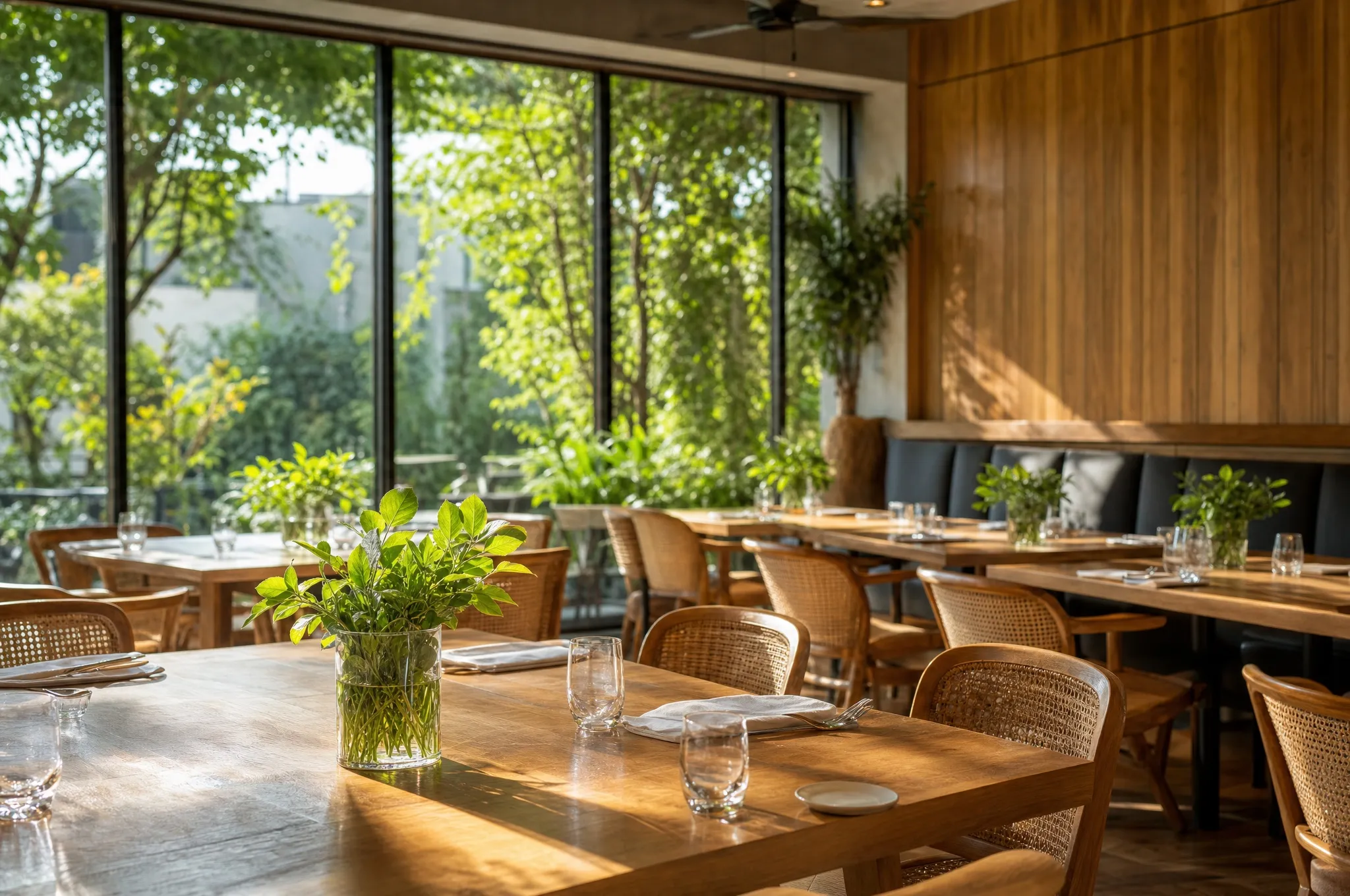 An empty restaurant with wooden tables, rattan chairs and plants