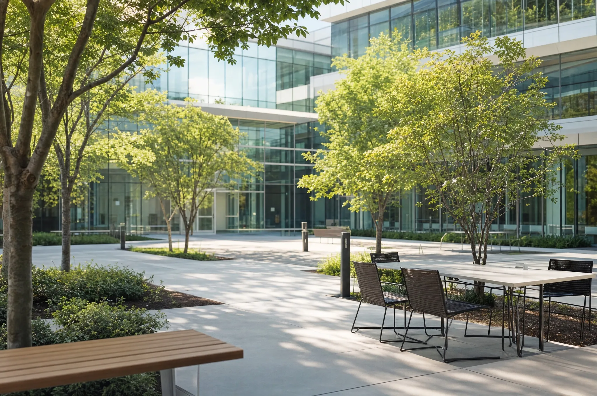 A campus courtyard with a glass building, trees and benches
